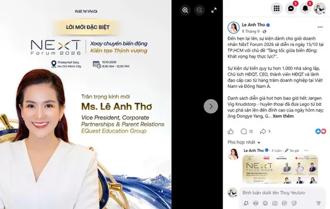 Screenshot of Lê Anh Thơ’s Facebook post about NExT Forum 2026, showing the blue verification badge and engagement numbers