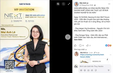 Screenshot of Mai Anh Lê’s Facebook post about NExT Forum 2026, showing the blue verification badge and engagement numbers