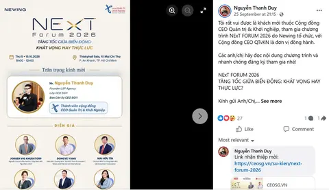Screenshot of Nguyễn Thanh Duy’s Facebook post about NExT Forum 2026, showing the blue verification badge and engagement numbers