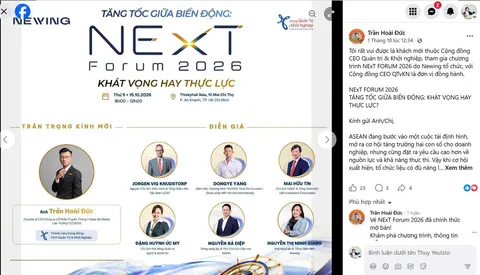Screenshot of Trần Hoài Đức’s Facebook post about NExT Forum 2026, showing the blue verification badge and engagement numbers