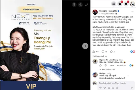 Screenshot of Trương Lý Hoàng Phi’s Facebook post about NExT Forum 2026, showing the blue verification badge and engagement numbers
