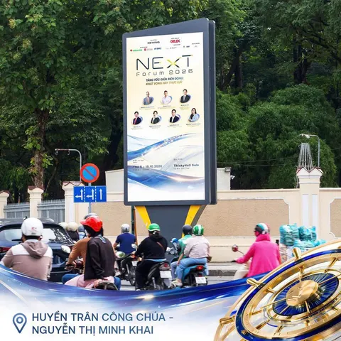 NExT Forum 2026 on an LED screen at Huyền Trân Công Chúa – Nguyễn Thị Minh Khai