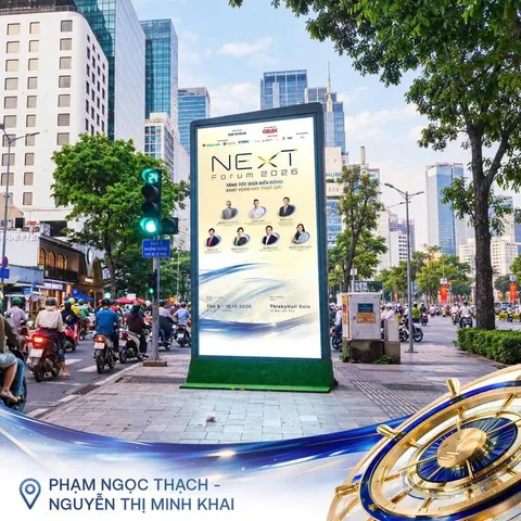 NExT Forum 2026 on an LED screen at Phạm Ngọc Thạch – Nguyễn Thị Minh Khai